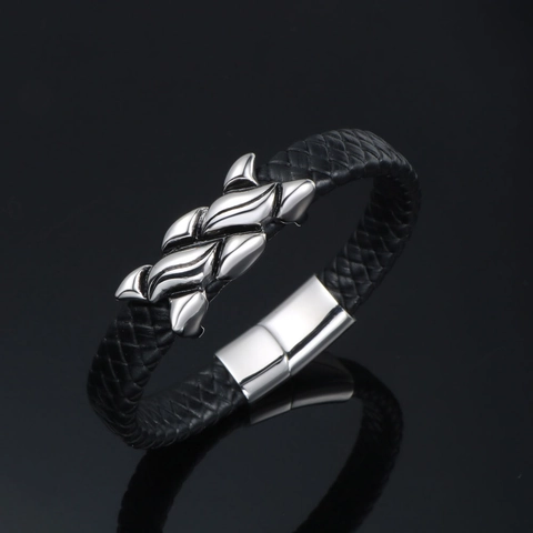 Bracciale da Uomo in Pelle Intrecciata e Acciaio Inossidabile Con Ciondolo in Metallo a Onde Lucide Cinturino Moda Nero Argento