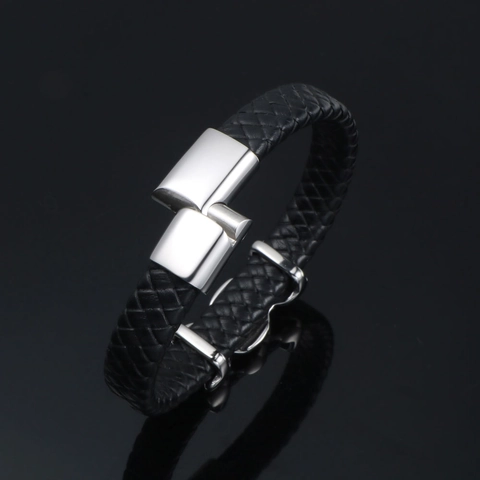Pulsera de Cuero Trenzado y Acero Inoxidable para Hombre Con Dije de Metal de Patrón de Ondas Pulido Pulsera de Moda Negro Plata