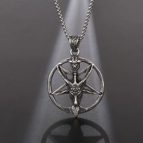 Gothic Vintage Stainless Steel Baphomet Satan Pentagram Skull Pendant Necklace For Men Women Punk Rock Mystical Jewelry