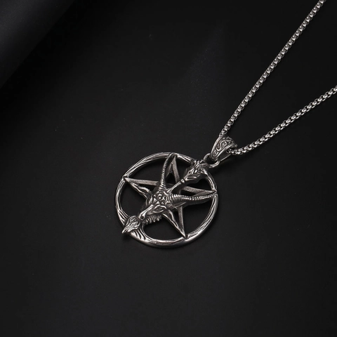 Gothic Vintage Stainless Steel Baphomet Satan Pentagram Skull Pendant Necklace For Men Women Punk Rock Mystical Jewelry