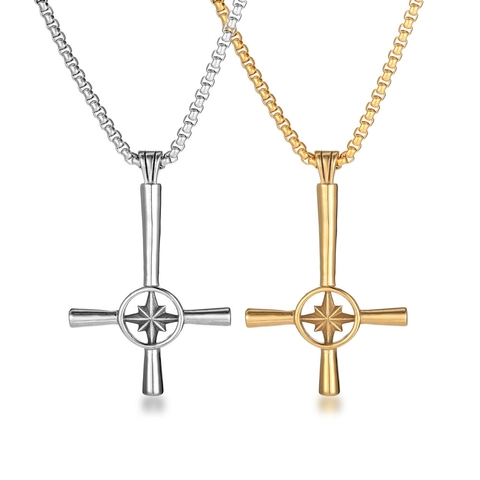 Collana con Ciondolo a Croce in Acciaio Inossidabile Gothic Punk per Uomo Donna Oro Argento Stella Bussola Gioielli Hip Hop Ciondolo Solo