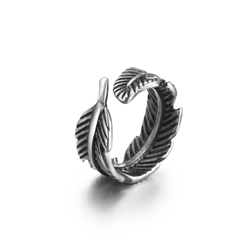 Vintage Roestvrijstalen Veer Open Ring Voor Heren Retro Geoxideerd Zilver Verstelbare Blad Biker Sieraden Gothic Band Ring
