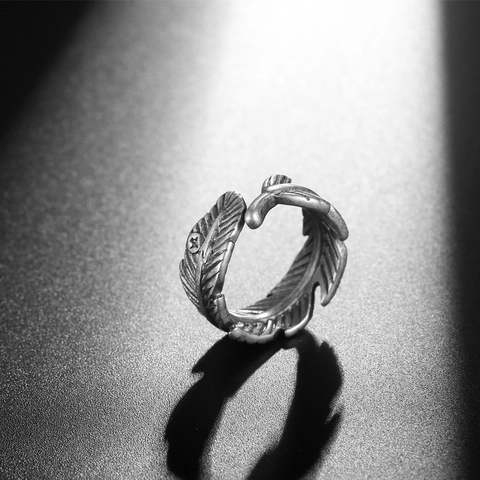 Vintage Roestvrijstalen Veer Open Ring Voor Heren Retro Geoxideerd Zilver Verstelbare Blad Biker Sieraden Gothic Band Ring