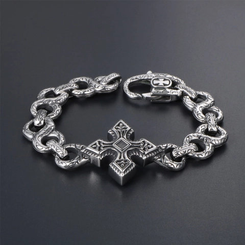 Bracciale a Croce in Acciaio Inossidabile Punk Vintage per Uomo Gioielli a Catena Pesante Incisa Gotica Accessorio Moda Retro