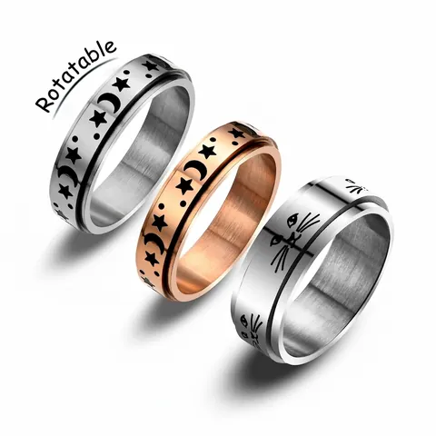 Anello Rotante in Acciaio Inossidabile con Motivo Stella Luna Gatto Sollievo dall'Anxiety Stress Band Ring per Uomo Donna Gioielli