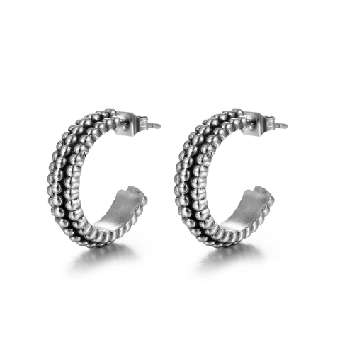 Vintage Titanium Steel C-Shaped Beaded Stud Earrings Distressed Silver Color Polka Dot Ear Jewelry For Women