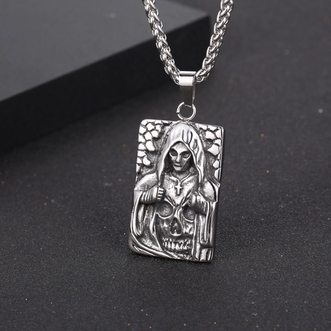 Titanium Steel Grim Reaper Skull Pendant Necklace For Men Gothic Punk Distressed Cross Square Tag Jewelry Antiqued Silver