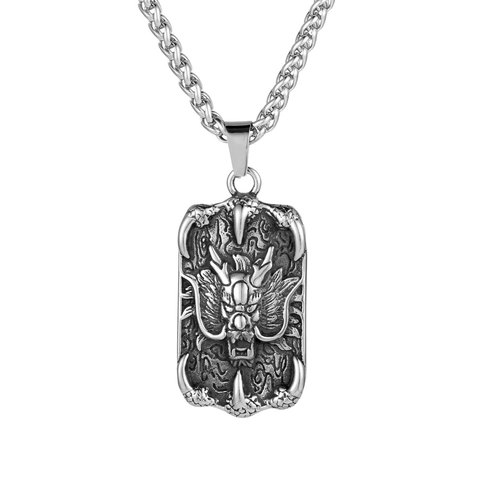 Collana con Ciondolo a Rilievo Testa di Drago in Acciaio Inossidabile Vintage Gioielli Tag Artiglio di Drago Gothic Punk per Uomo Donna