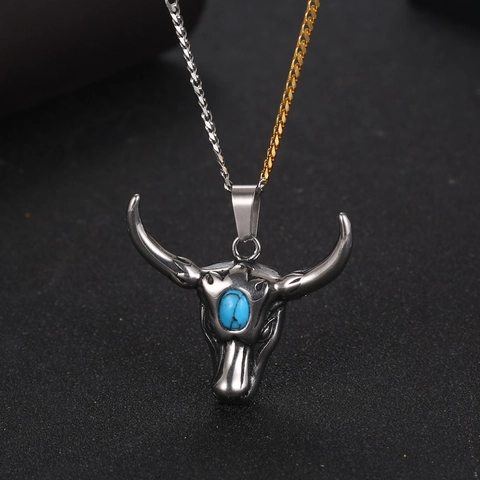 Collar de Colgante de Cabeza de Toro de Acero de Titanio Retro para Hombres Hip Hop Turquesa Artificial Incrustada Joyería Punk Gótica