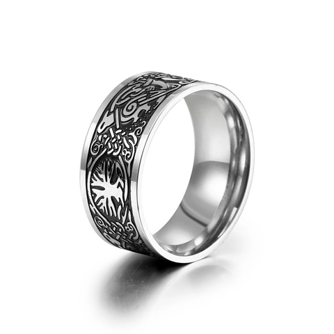 Vintage Viking Tree Of Life Stainless Steel Ring For Men Nordic Celtic Knot Sun Bird Mythological Totem Band Jewelry