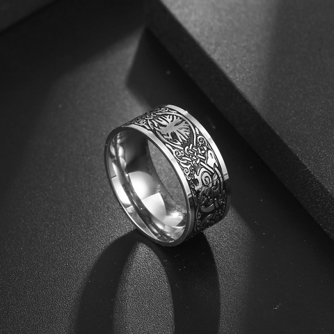 Vintage Viking Tree Of Life Stainless Steel Ring For Men Nordic Celtic Knot Sun Bird Mythological Totem Band Jewelry