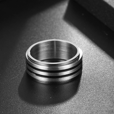 Men Titanium Steel Spinner Ring Rotatable Band With Black Grooves Brushed Finish Minimalist Industrial Punk Style Finger Jewelry