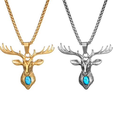 Collana con Ciondolo a Testa di Cervo in Acciaio Inossidabile Vintage Intarsio in Turchese Artificiale Gioielli Animale Donna Uomo