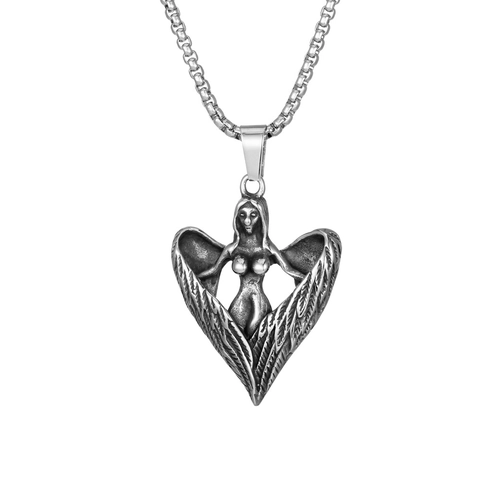 Gothik Engelsflügel Herz Anhänger Halskette Vintage Edelstahl Poliert Herren Punk Hip Hop Schmuck Zubehör Täglich Mode