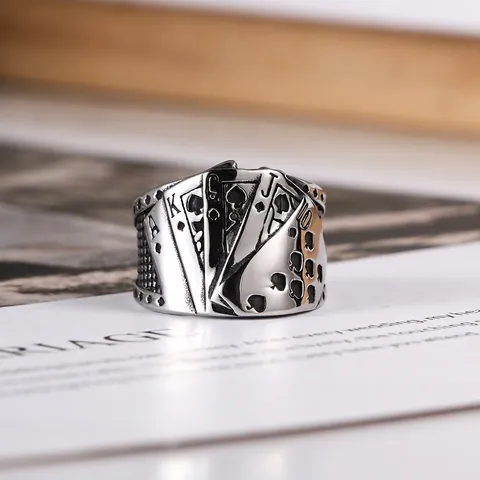 Bague en Acier Titane Poli Motif Quinte Flush Royale Pique pour Hommes Punk Hip Hop Rock Band Bijoux de Doigt