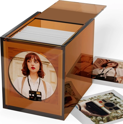 Bernsteinfarben Acryl Film Foto Aufbewahrungsbox Retro Kartenorganizer Flip Bilderrahmen Würfel Display Case Für Schreibtisch Dekoration