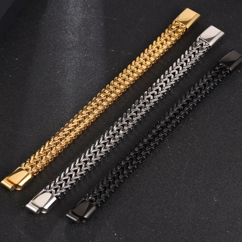 Trendy Men Stainless Steel Double Row Franco Chain Bracelet Polished Geometric Square Link Jewelry Gold Silver Black