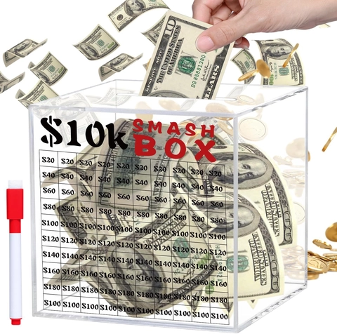 Salvadanaio in Acrilico Trasparente Scatola per Risparmio Smash Box per Sfida di Risparmio Con Pennarello per Bambini Adulti