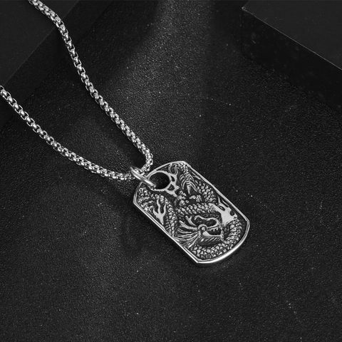 Vintage Draak Hanger Ketting 316L Roestvrij Staal Chinese Dierenriem Draak Tag Ketting Voor Mannen Etnische Stijl Reliëf Sieraden