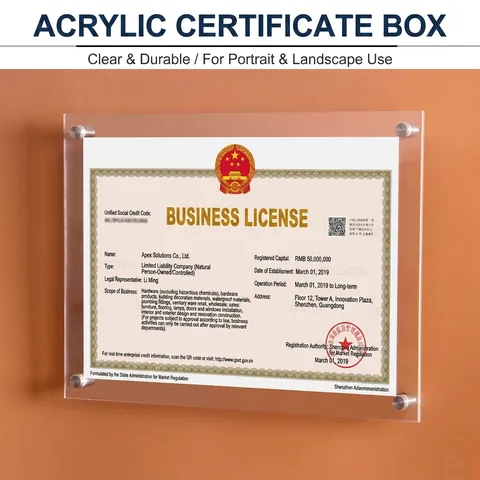 Modern Clear Acrylic Certificate Frame Wall Mounted Business License Holder With Stainless Steel Standoffs Professional Office Document Display Frame