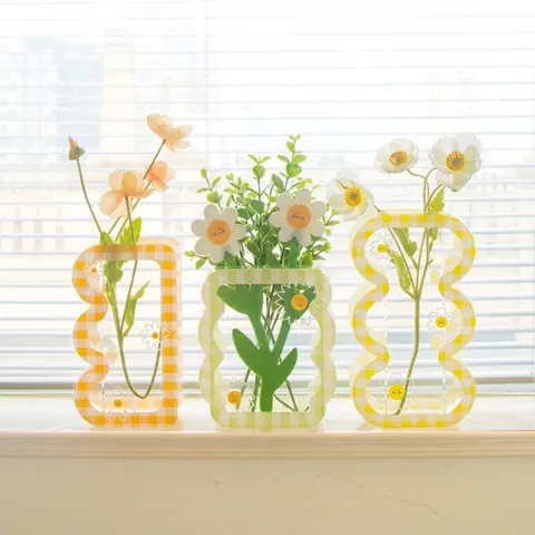 Moderne Acryl Schachbrett Gänseblümchen Blumenvase Wellenförmige Desktop Dekorative Kunstvase Für Heim Wohnzimmer Dekor