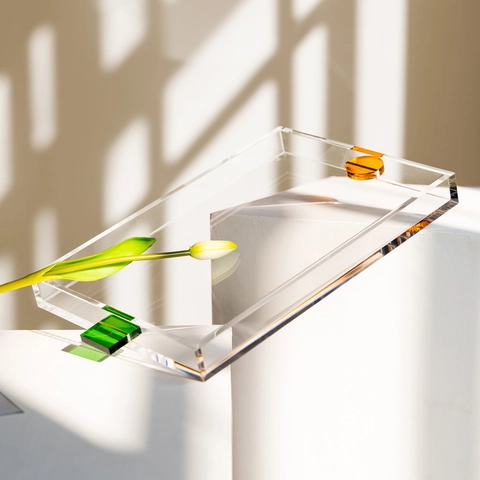 Vassoio da Portata in Acrilico Minimalista Moderno Nordico Rettangolare Trasparente Color Block Piatto di Frutta Casa Desk Organizer