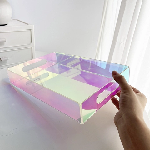 Modernes Minimalistisches Acryl-Tablett Dekorative Irisierende Aufbewahrungsplatte Mit Griffen Für Zuhause Hotel Desktop Organisation Farbiges Obst-Tablett