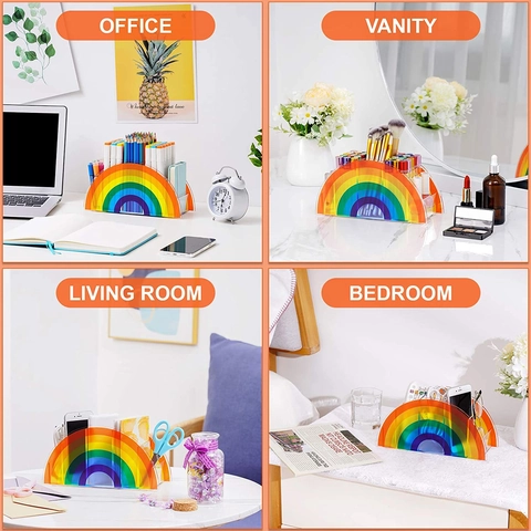 Rainbow Acrylic Pen Holder Desktop Stationery Organizer Cute Desk Supplies Storage Box For Kids School Office Home Decor