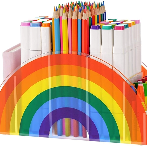 Rainbow Acrylic Pen Holder Desktop Stationery Organizer Cute Desk Supplies Storage Box For Kids School Office Home Decor