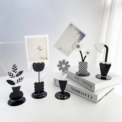 Acrylic Flower Desktop Ornament Black White Checkerboard Memo Clip Photo Holder Minimalist Office Home Decoration Stationery
