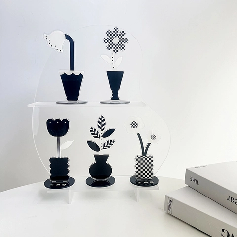 Acrylic Flower Desktop Ornament Black White Checkerboard Memo Clip Photo Holder Minimalist Office Home Decoration Stationery
