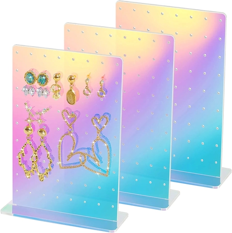 Iridescent Acrylic Earring Display Stand Holographic Jewelry Organizer Holder For Studs Dangle Earrings Retail Display