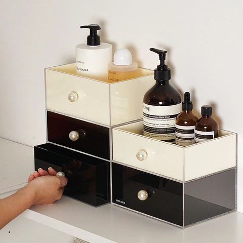 Organizzatore Trucchi in Acrilico Con Maniglia in Perla Artificiale Antipolvere Scatola per Cosmetici Cassetto per Gioielli Donna