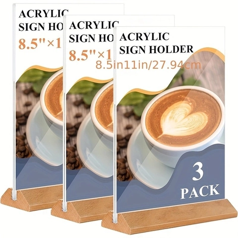 Porte-Signe en Acrylique Avec Base en Bois de Hêtre Forme en T Présentoir de Menu de Table Double Face pour Bureau Restaurant