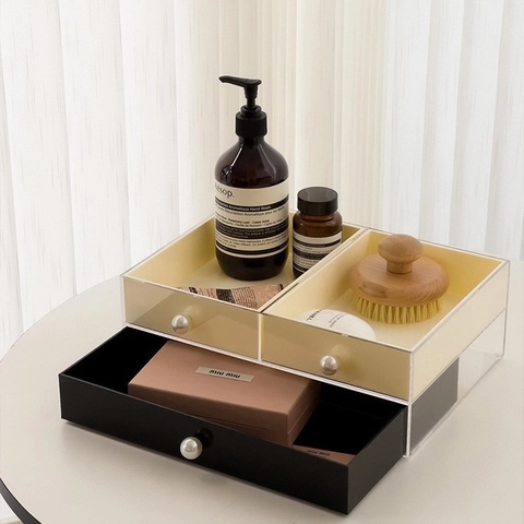 Organizzatore Trucchi in Acrilico Con Maniglia in Perla Artificiale Antipolvere Scatola per Cosmetici Cassetto per Gioielli Donna