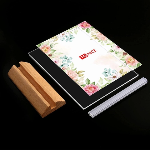 Porte-Signe en Acrylique Avec Base en Bois de Hêtre Forme en T Présentoir de Menu de Table Double Face pour Bureau Restaurant