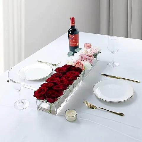 Modern Transparent Acrylic Rectangular Flower Vase Clear Floral Arrangement Box Vase For Dining Table Wedding Decoration