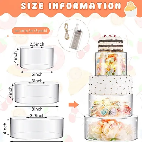 Clear Fillable Acrylic Cake Stand Set With LED String Lights Round Square Display Box For Wedding Party Home Decoration
