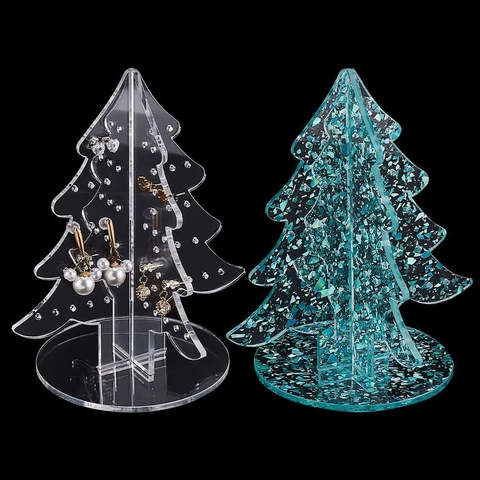 Christmas Tree Acrylic Earring Display Stand Transparent Blue Glitter Jewelry Organizer Rack Desktop Storage Holder