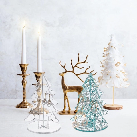 Christmas Tree Acrylic Earring Display Stand Transparent Blue Glitter Jewelry Organizer Rack Desktop Storage Holder
