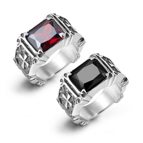 Anello a Croce Gotica in Acciaio Inossidabile per Uomo Donna Vintage Punk Strass Rosso Nero Anello Sigillo Gioielli da Festa