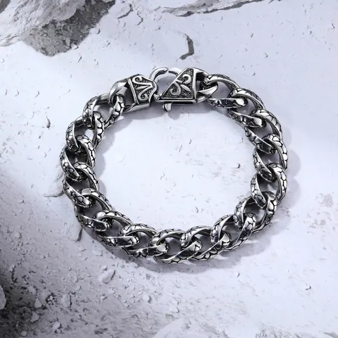 Men Vintage Stainless Steel Dragon Scale Curb Chain Bracelet Antique Silver Distressed Hip Hop Gothic Biker Jewelry