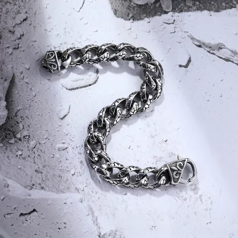 Men Vintage Stainless Steel Dragon Scale Curb Chain Bracelet Antique Silver Distressed Hip Hop Gothic Biker Jewelry