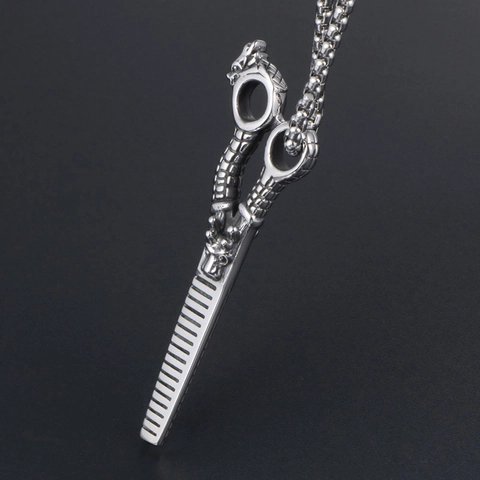 Punk Stainless Steel Dragon Scissors Pendant Necklace For Men Retro Barber Comb Tool Gothic Jewelry Personality Charm Gift