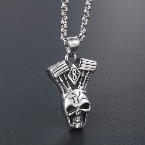 Collana con Pendente a Teschio e Motore in Acciaio Inossidabile da Uomo Retro Gothic Punk Meccanico Gioielli Regalo