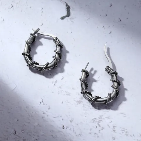 Vintage Stainless Steel Twisted Rope Hoop Earrings Retro Punk Gothic Silver Color Geometric Round Ear Buckle Jewelry