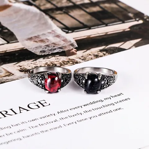 Anillo de Acero Inoxidable Floral Vintage Ovalado Rojo Azul Estrás Incrustado Retro Punk Flor Calada Joyería Unisex