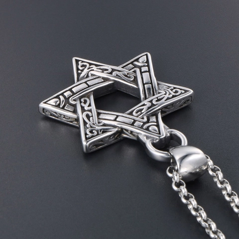 Vintage Titanium Steel Star Of David Pendant Necklace For Men Retro Carved Hexagram Religious Jewelry Polished Silver Necklace