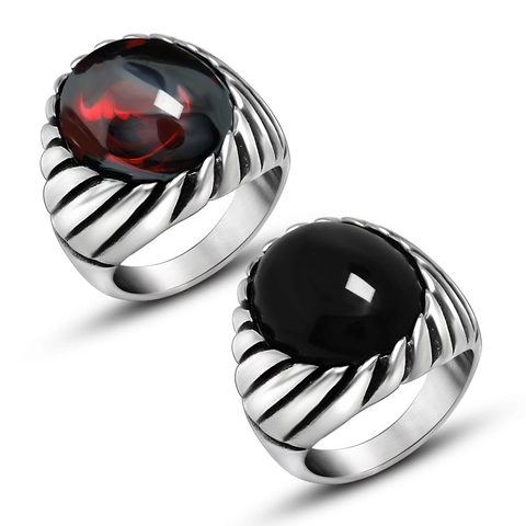 Bague Rétro en Acier Inoxydable pour Hommes Avec Pierre d'Agate Ovale Texture de Rainure Diagonale Style Punk Hip Hop Bijoux