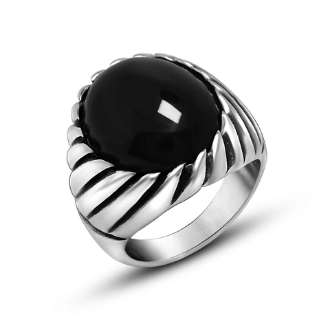 Bague Rétro en Acier Inoxydable pour Hommes Avec Pierre d'Agate Ovale Texture de Rainure Diagonale Style Punk Hip Hop Bijoux